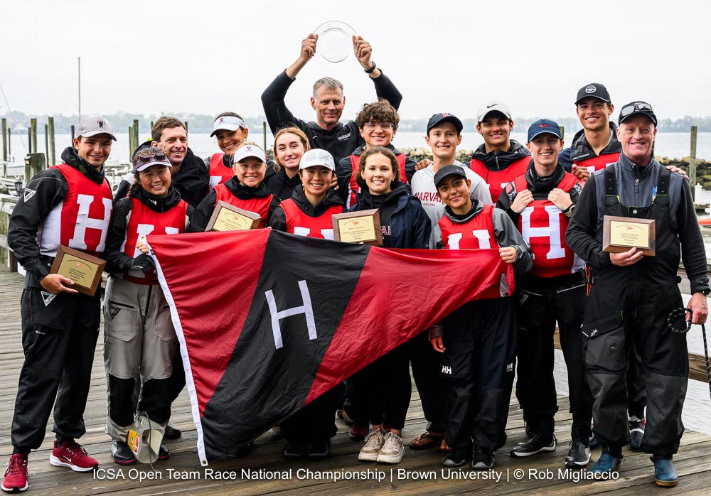 Harvard Sailing Team with trophies - college sailing nationals