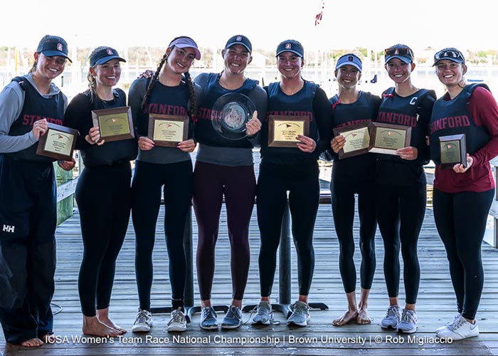Stanford Women's Sailing Team holding trophies-college sailing nationals